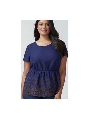 Lane Bryant Blue Tunic Shirt Short Flutter Sleeve Peplum Eyelet Embroidery 28